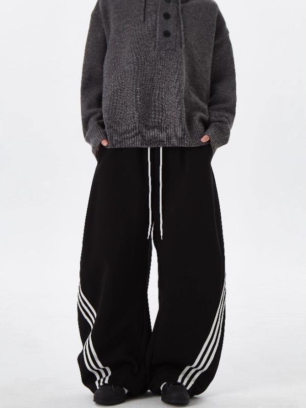 Retro Striped Color Block Wide-Leg Sweatpants with Elastic Drawstring for Men & Women