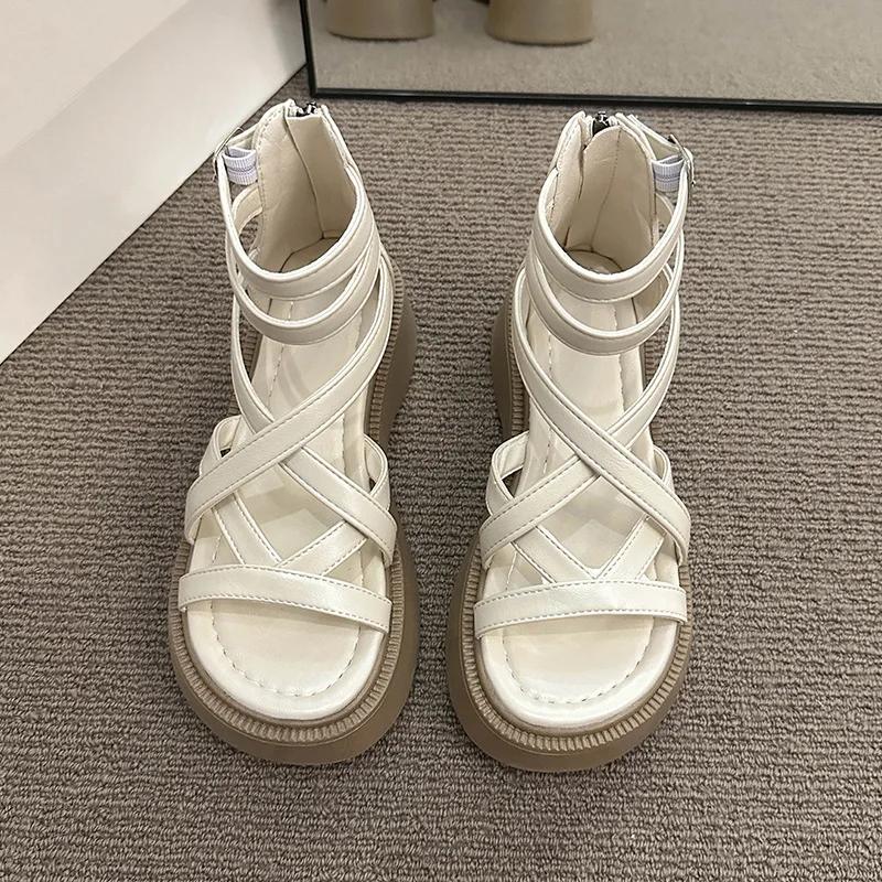 

Однотонные женские сандалии 2024 года, новые летние римские сандалии с толстой подошвой, женские черные сандалии с застежкой-молнией и круглым носком, с открытым носком, женские сандалии 35