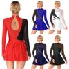Womens Figure Skating Dance Performance Costume Glittery Rhinestone Mesh Leotard Dress Cutout Back Long Sleeve Dance Dresses