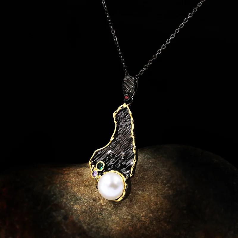 Vintage Bohemian Style Necklace Irregular Color Pattern Zircon Pearl Black Gold Series Pendant Clavicle Chain Ladies Jewelry