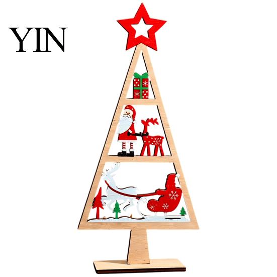 Desktop Christmas Ornament Wooden Tabletop Tree Decor, Hollow Xmas Ornament, Farmhouse Winter Holiday Accents Centerpiece for Party Home Decoration,