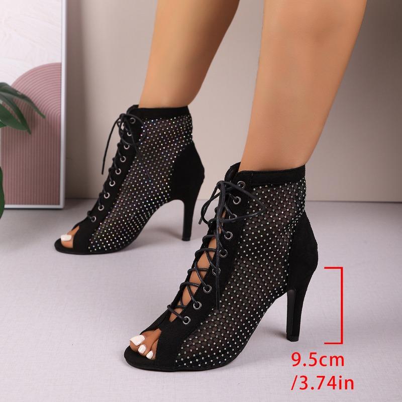 

Новые модные туфли-стилеты большого размера, сетчатые полые, сексуальные, модные, на шнуровке, из ткани со стразами, с открытым носком, крутые ботильоны 43 чёрный