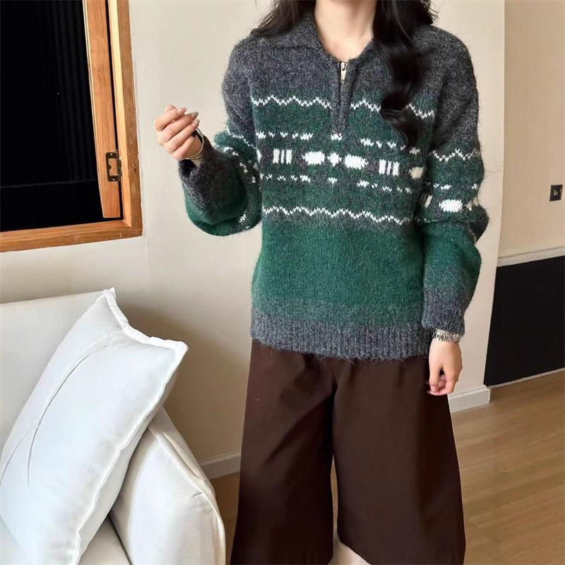 2026 Autumn/Winter Women's French Fair Isle Half-Zip Loose Knit Sweater