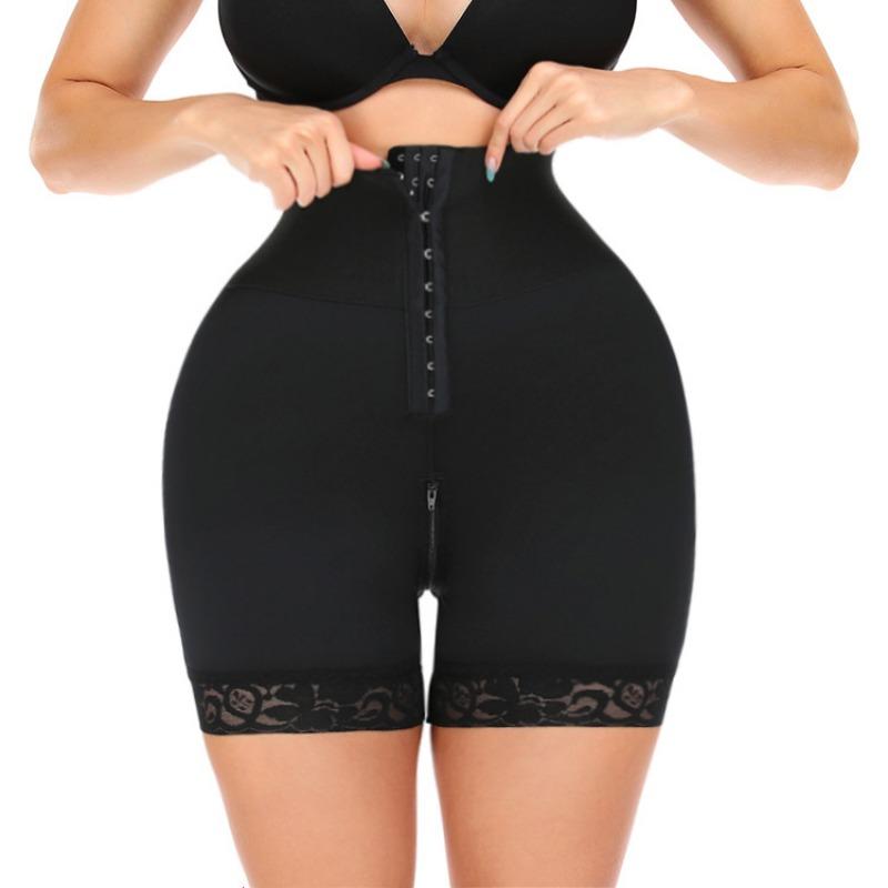 High Waist Hook And Eye Tummy Control Shaper Shorts With Lace Trim S чёрный