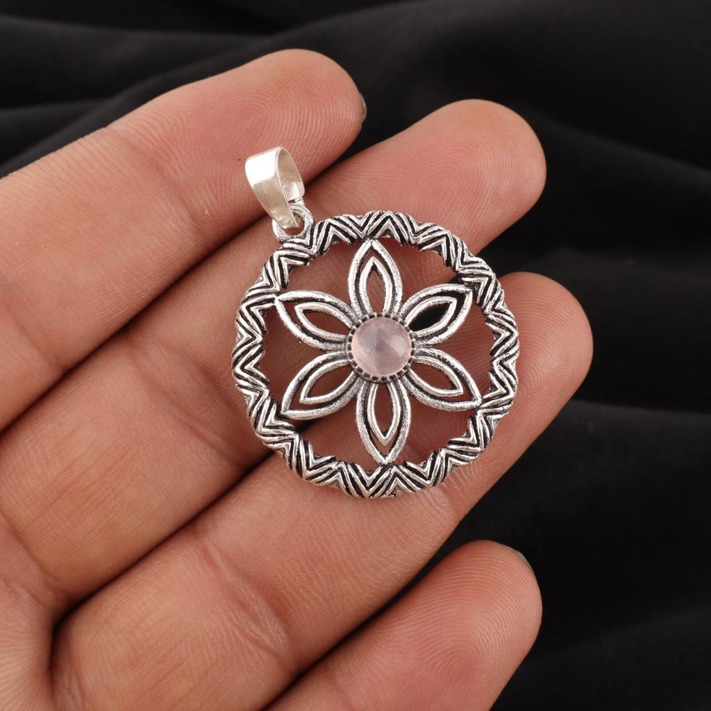 Natural Rose Quartz Gemstone 925 Sterling Silver Jewelry Handmade Pendant1.48" CP-29-31