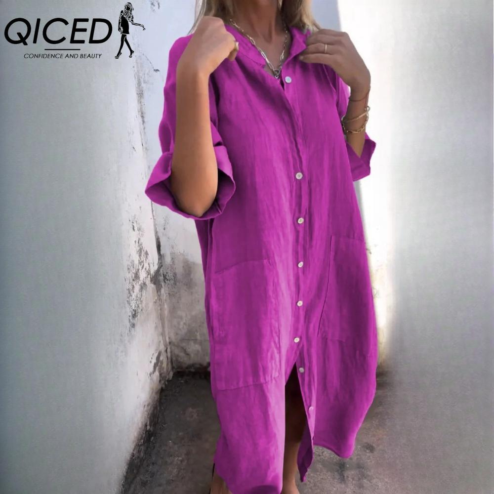 QICED Women's Fashion Summer Spring Solid Color Print POLO Neck High Waist Casual Dresses