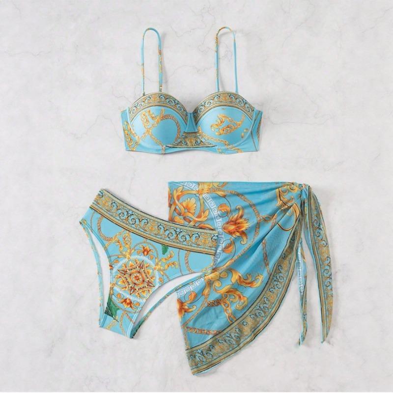 Women's Luxury Baroque Chain Print Bikini Set with Cover Up 3 Piece Swimwear