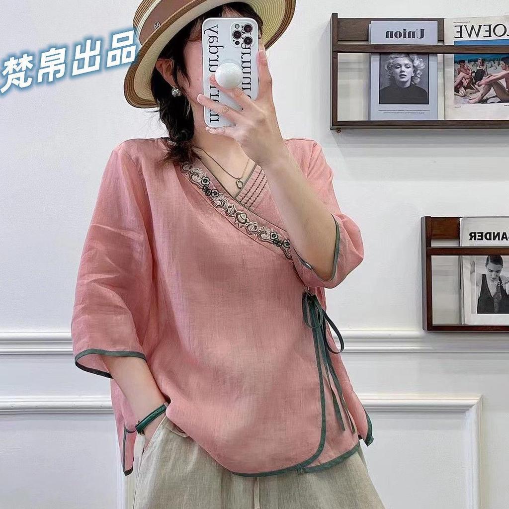 2023 Ethnic Retro Chinese Embroidered Ramie Shirt—Women's Loose Oblique Collar Top for Tea Ceremony