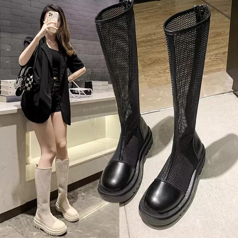 Fashion Breathable Knit Line Women's Mesh Boots Middle Follow Round Head Summer Knee High Boots Sandal Boots Sandalias De Mujer