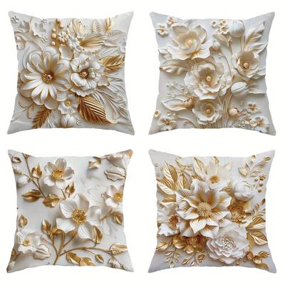 Throw Pillow Covers 3D Floral Gorgeous White Gilt Decorative Pillow Covers Satin Fabric Living Room Bedroom Sofa Bed Decoration