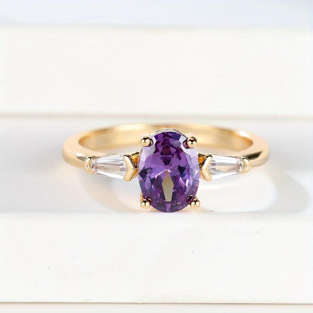 1 Pc Golden Color Oval Cut Purple Stone CZ Claw Ring for Women Men