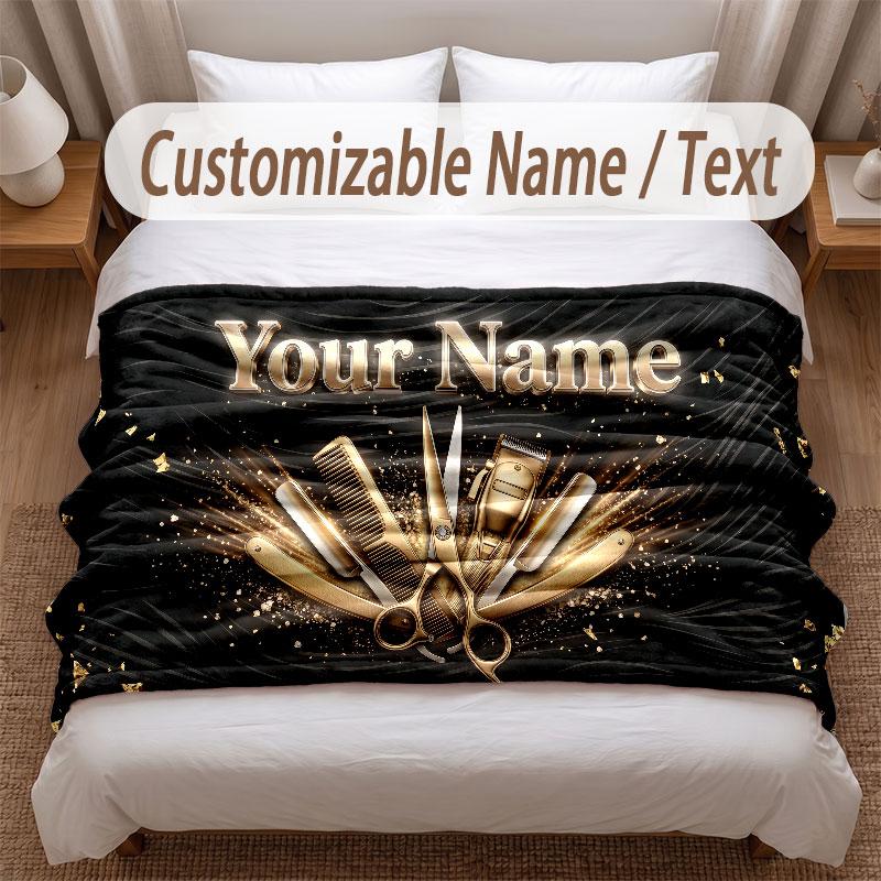 Barber Salon Theme Soft Blanket Personalized Custom Name Text Print Warm Blanket Home Sofa Bedroom Decor