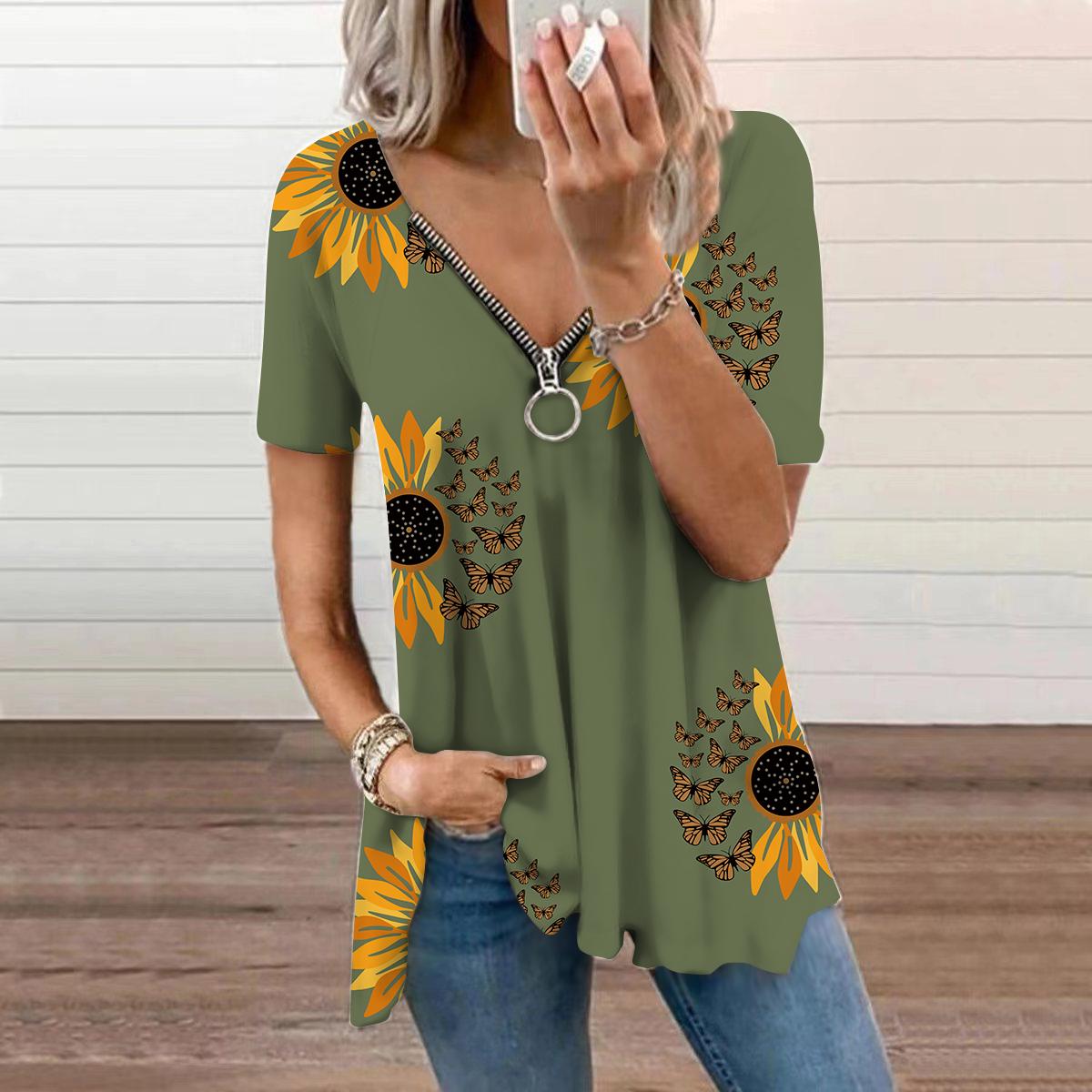 

Женский топ, летний новый модный зеленый топ с подсолнухами и принтом, повседневный топ на молнии с v-образным вырезом и короткими рукавами 8XL зелёный