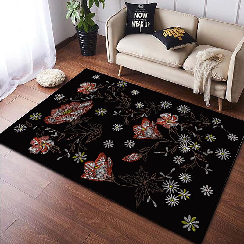 Cartoon Blume Schönes Gemälde Teppich für Wohnzimmer Großer Flächenteppich Schwarz Weicher Teppich Heimdekoration Matten Boho Teppiche