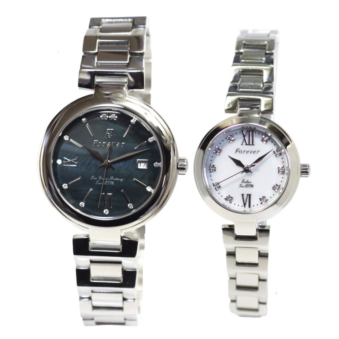 

Pair of FOREVER watch ATM water with battery and watch with solar power watches men s (10 resistant) 10-year movement, women s (solar movement).