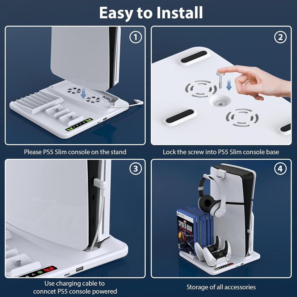 PARA PS5 Slim con estación de carga y soporte de almacenamiento para 8 juegos con ventilador de refrigeración y estación de carga para controlador PS5