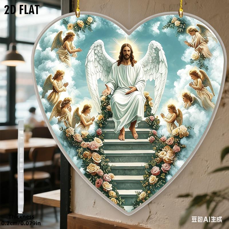 

Двумерная плоская религиозная ангел и сердце Иисуса, акриловая декоративная табличка в форме сердца, подходит для украшения стен, крыльца, комнаты, виллы, акцентов в доме, прихожей или Wo 15.01*16.37cm
