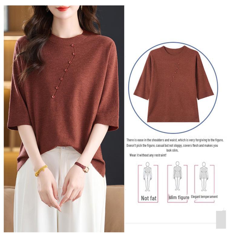 Stylish Plus Size Round Neck Knit Top for Middle-Aged Women - Mid-Sleeve Sweater