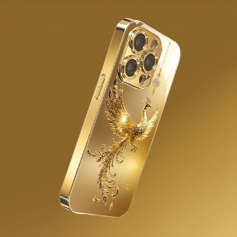 Diamond Golden Phoenix Pattern Gold Metallic Paint Glass Phone Case For iPhone 17 Pro Max 11 12 13 14 15 16 Plus 17Air 16E Cover
