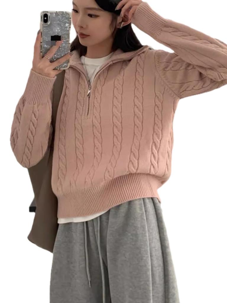 Hanmall Jersey de Invierno Largo de Punto con Logo, Cremallera Alta, Canalé, para Mujer, Estampado, Manga, Top, Cuello, cierre, Informal, Grueso, Tejido, Elegante, Lindo, Suave,