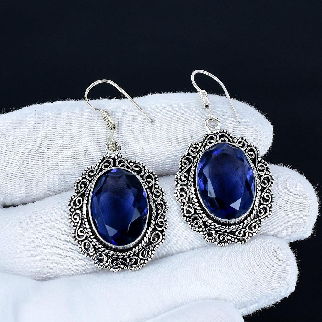 London Topaz Gemstone Earrings, 925 Sterling Silver Earrings, Handmade Silver Earrings For Gift, London Topaz Dangle Drop Earrings For Gift