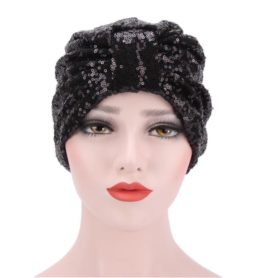 2021 New Women Glitter Sequins Turban Cap Muslim Fashion Headwear African Headwraps Ladies Headscarf Bonnet Islamic Hijab Caps