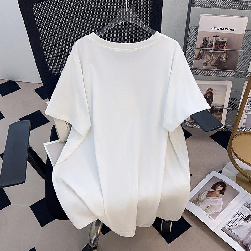 Women's Plus Size Short-Sleeve Mid-Length Round Neck Slimming T-Shirt (200/300/350 Jin)
