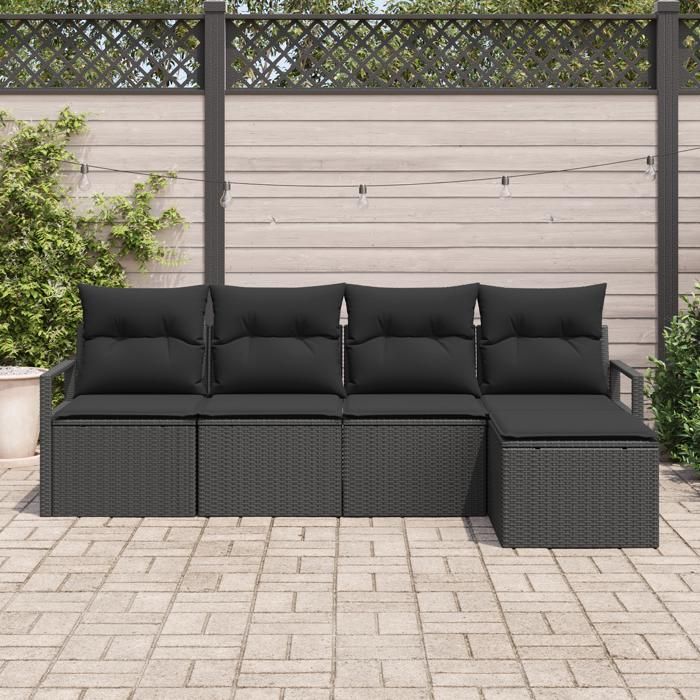 Ensemble de Canapés de Jardin de 5 Pièces avec Coussins Noir Poly Rotin, Canapé de Jardin 2 Places avec Rangement 3355012