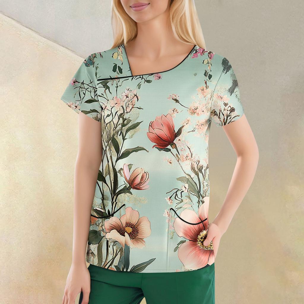 Women's Casual  Print Short Sleeve Sloping Collar Workwear Top With Double Pockets