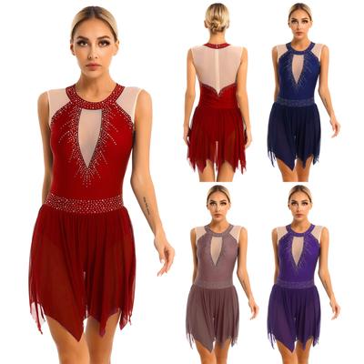 Womens Figure Skating Dance Leotard Dress Performance Costume Glitter Rhinestone Sleeveless Dresses