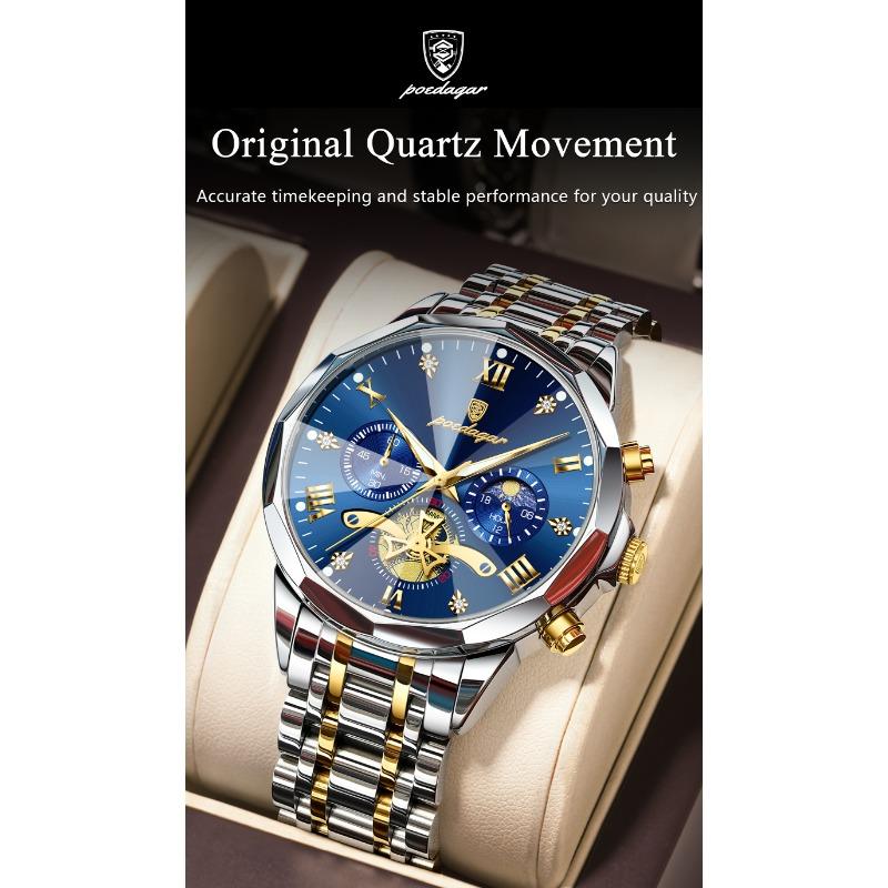 POEDAGAR Original Luxus Herrenuhr Wasserdicht Leuchtend Chronograph Armbanduhr Edelstahl Quarzuhren für Mann Reloj
