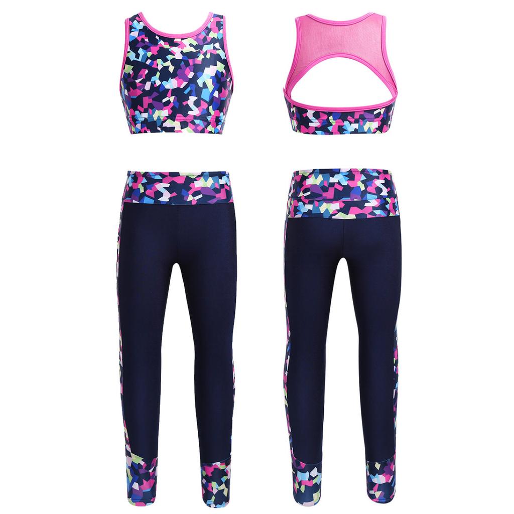 2Pcs Elastic Waistband Long Leggings Pants + Sleeveless Mesh Racer Back Tanks Tops Digital Print Gym Dancewear Outfit