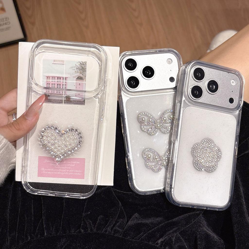 Ins Wind Light Luxury Pearl Love Butterfly Flower Suitable for Apple 16/17Promax Mobile Phone Case IP15 Epoxy 14 Women