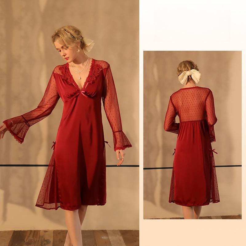 Fairy Style Semi-Sheer Backless Nightgown Ice Silk Mesh Polka Dot Slim Fit Long Cami Loungewear 535 Dreamy Lightweight Sleepwear for Summer Nights