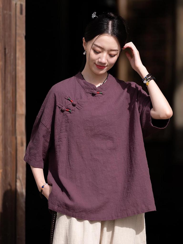 Women's Summer Cotton Linen Retro Stand Collar Top with Frog Buttons and Color Block Design