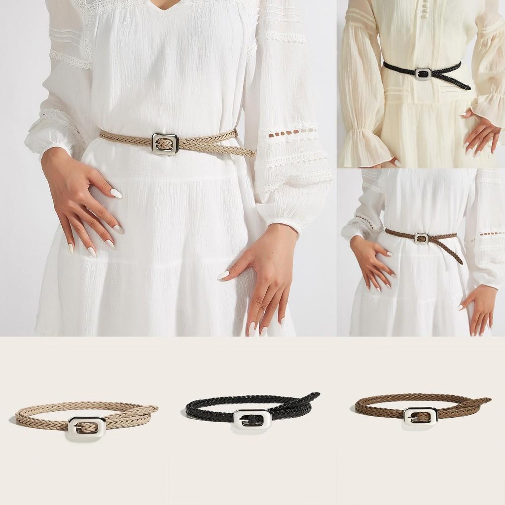 Womens Pu Casual Leather Belt With Woven Pattern And Alloy Buckle Daily For