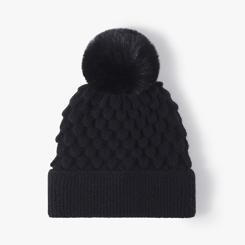 Autumn Winter Women's Outdoor Warm Thick Cold Hat with Wool Ball Brimless Velvet Knitted Yarn Hat