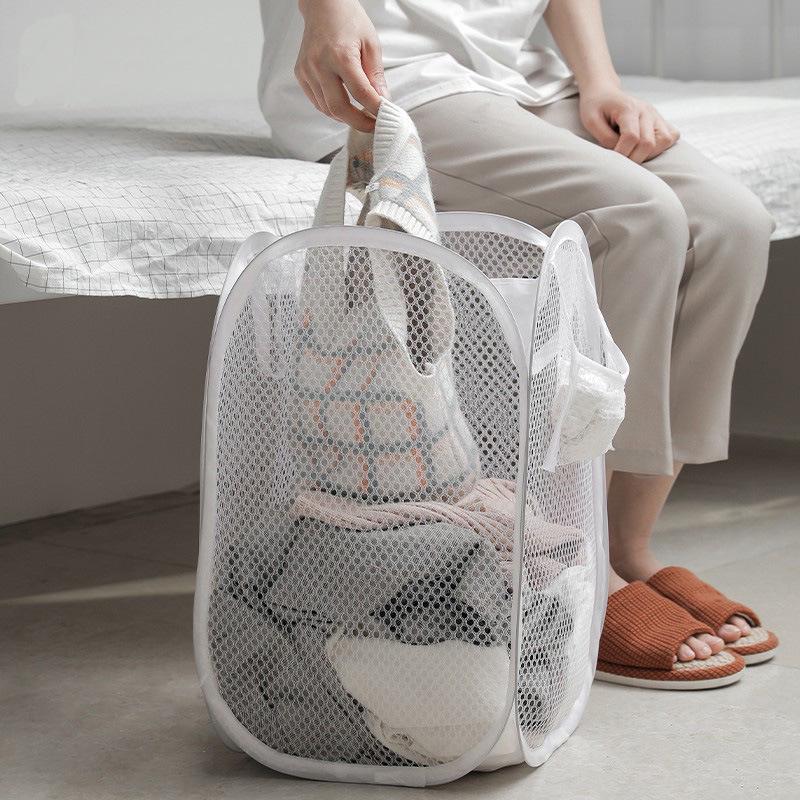Cesta de Lavandería Plegable de Malla de Nylon Estilo Nórdico, Ligera con Doble Asa para Dormitorios de Estudiantes