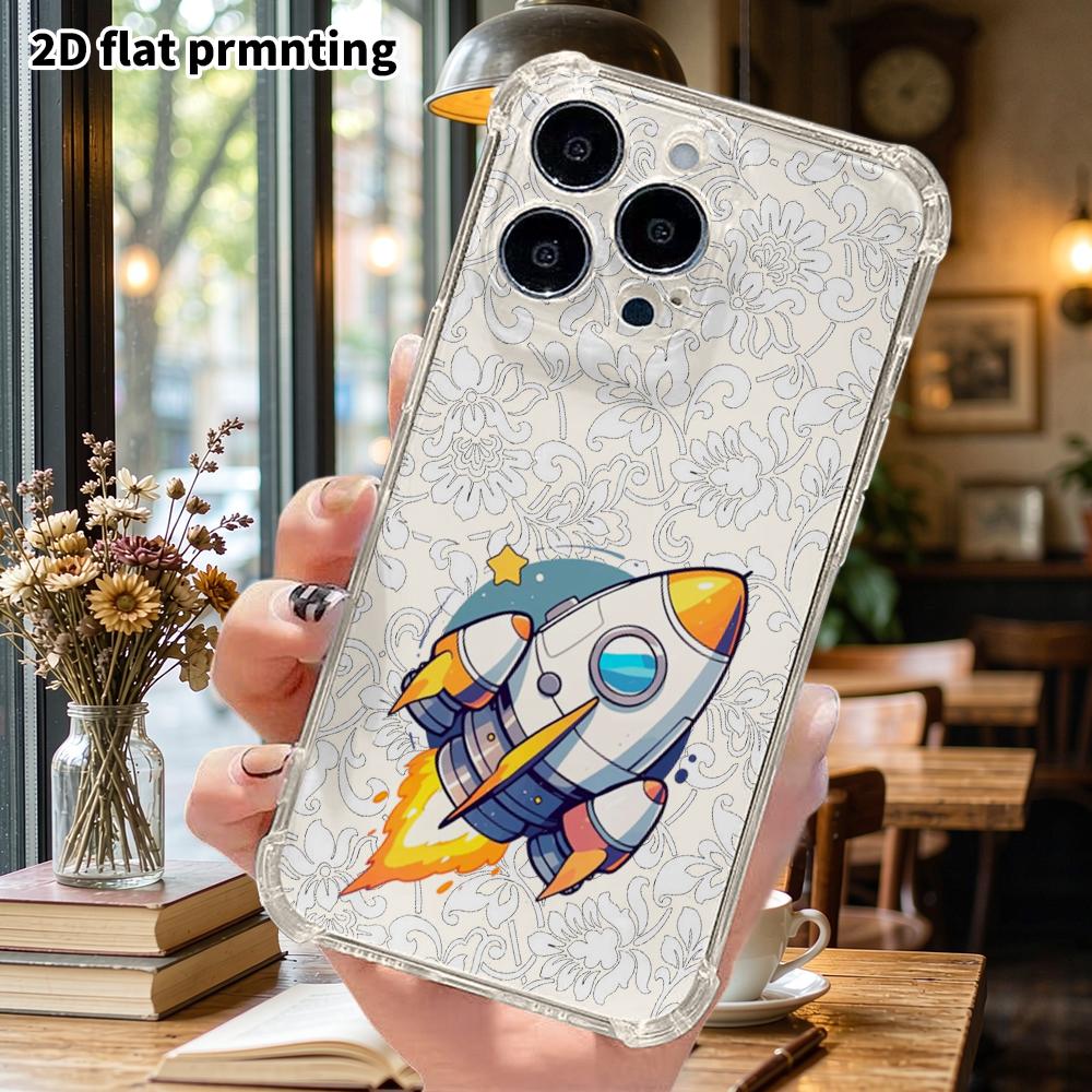 Phone Case: 2D Flat Suitable for iPhone 18 17 16 15 14 13 Pro, Transparent Four Corner Protective Case, Cartoon Rocket, Christmas and Halloween Gift