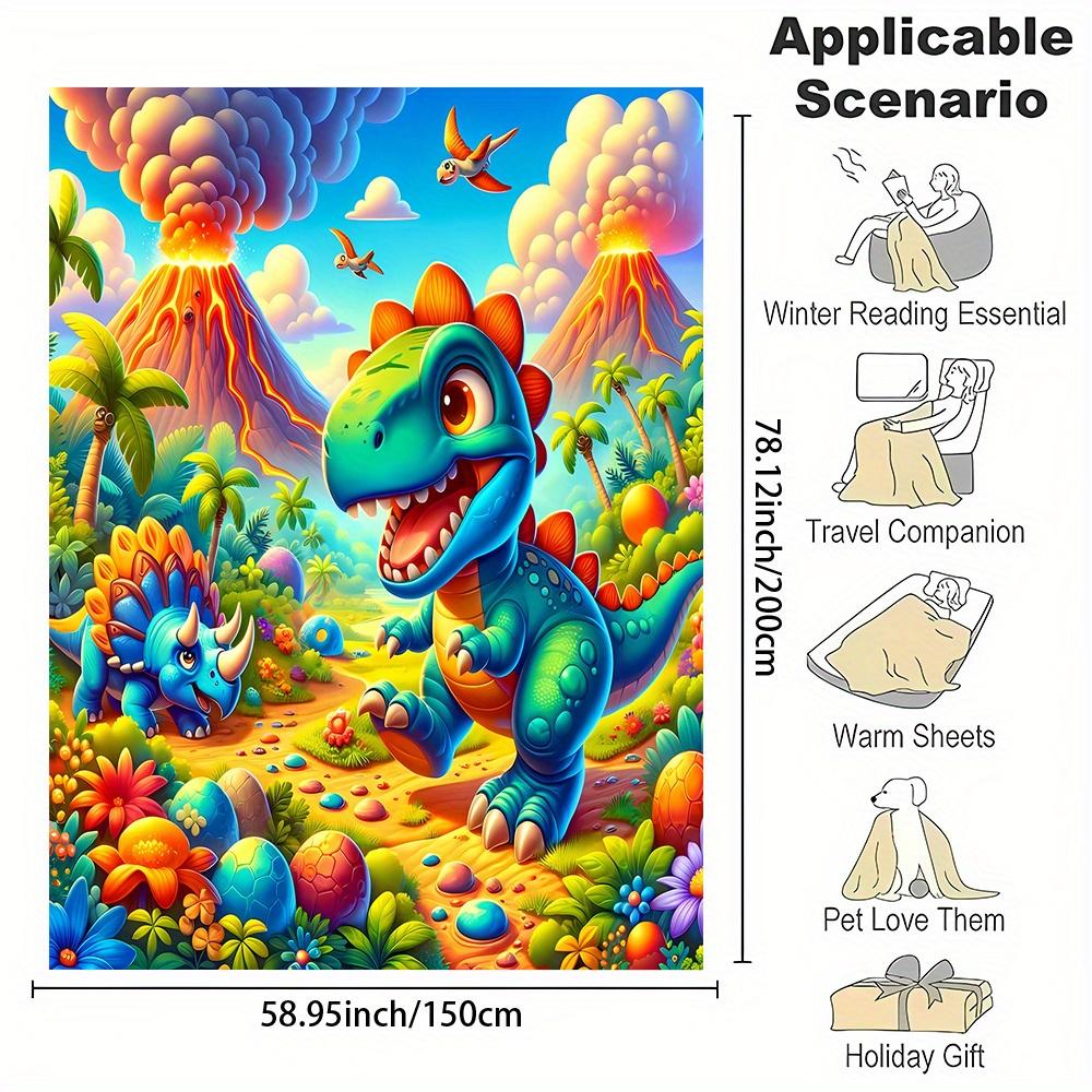 Dinosaur Volcano Adventure Blanket Reversible Flannel Throw for Kids Room AllSeason Comfort Prehistoric Themed Gift