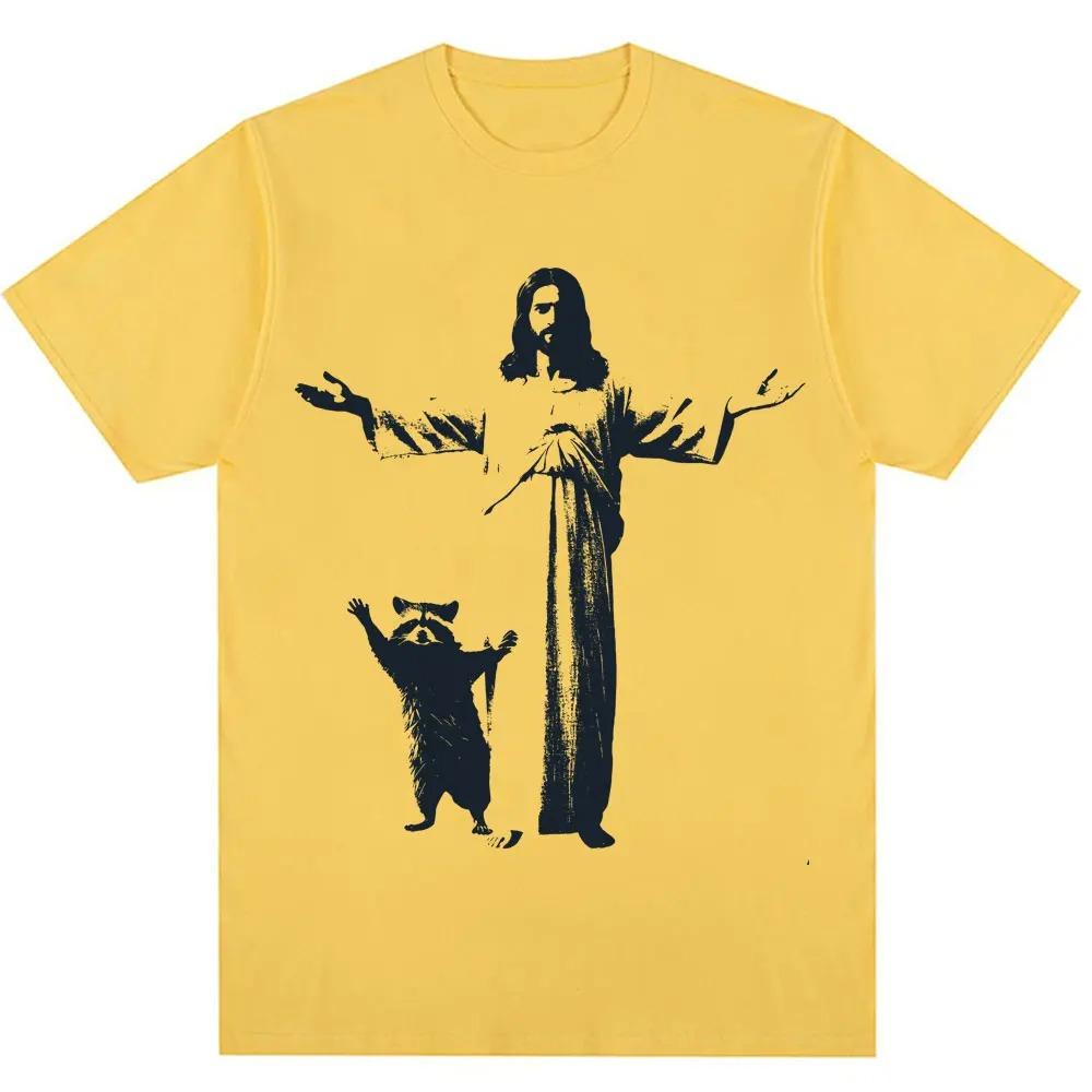 Summer Vintage Fashion Unisex Women ONeck Tshirt Jesus and Raccoon Funny Christian Graphic Tshirt Oversized Cotton Casual Tshirt