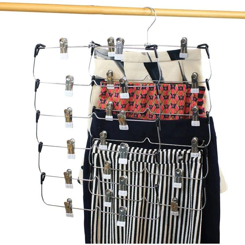 6 Tier Metal Pants Hanger With Clips Spacesaving Durable Storage For Skirts And Trousers Black