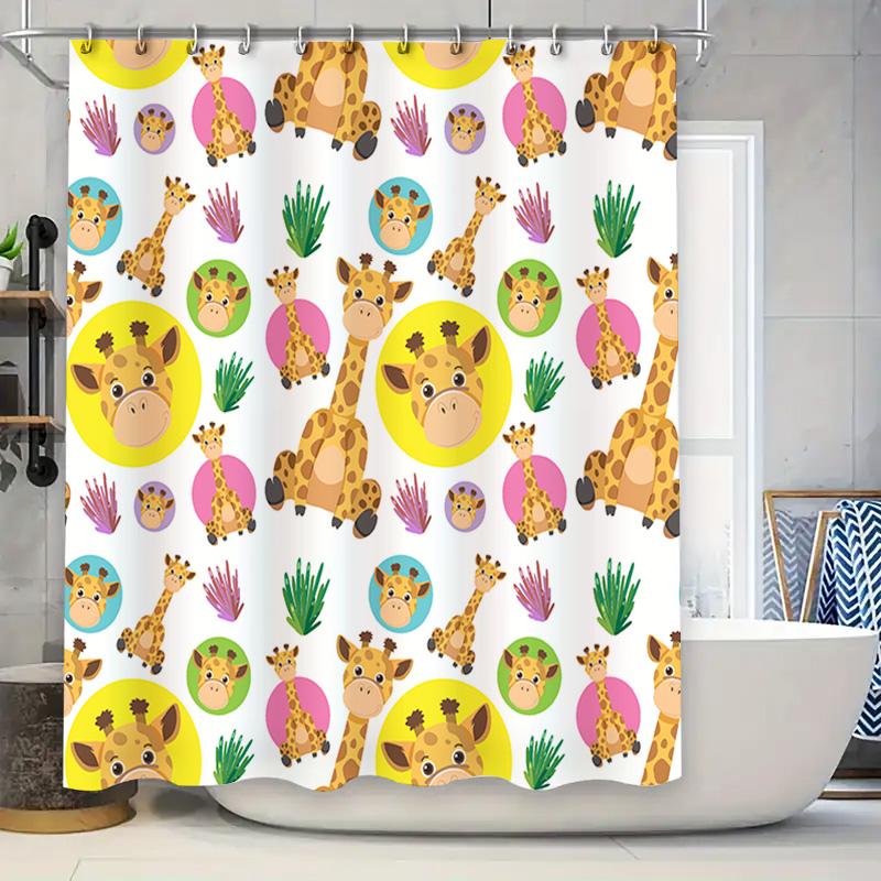 

Animal Print Shower Curtain Kids Bath Decor 3D Cartoon Giraffe Round Shape Bathroom Shower Curtains For Home Decoration Waterpro W60H190(CM)-1 Pcs