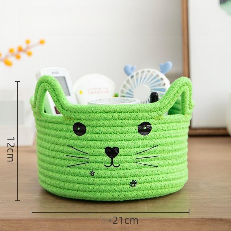 

Cat Face Woven Cotton Storage Basket Toys Clothes Magazines Pet Supplies Organizer Storage Living Room Bedroom Home Organization светло-зеленый