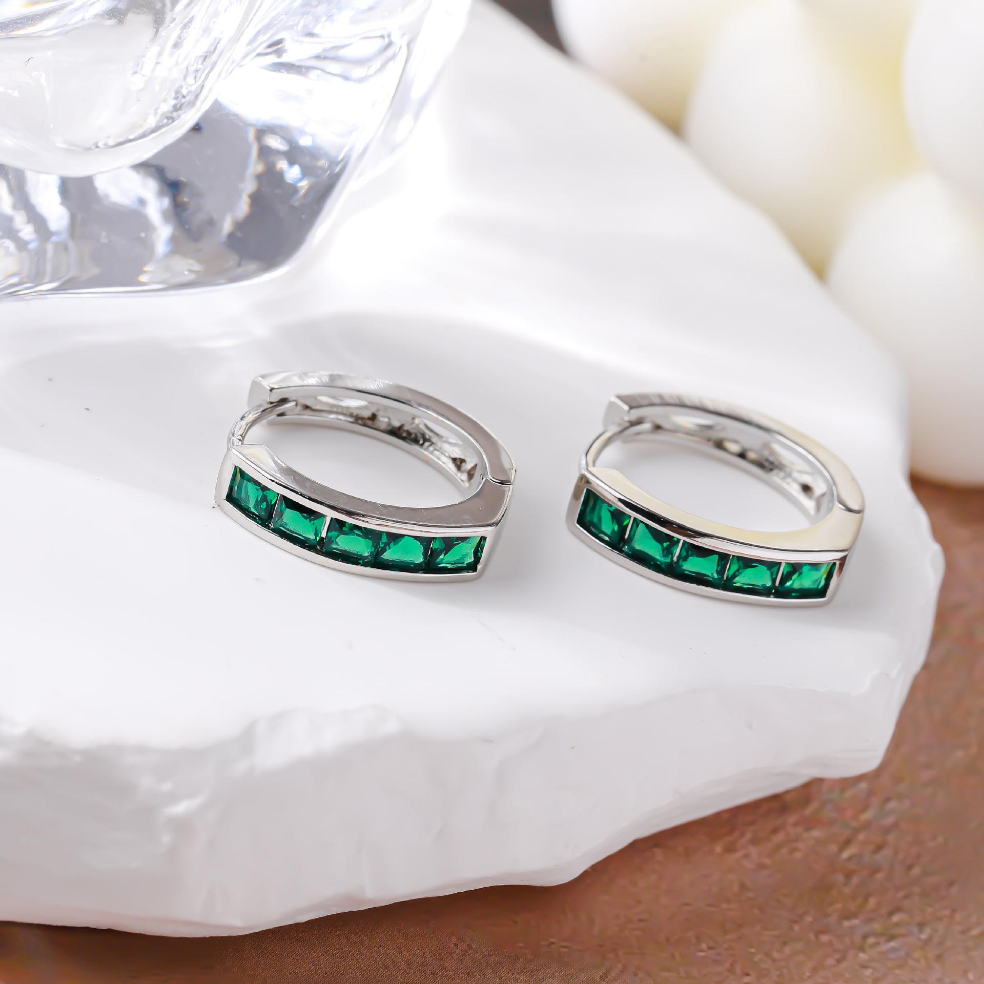 Geometric Square Green Zirconia Ear Cuff and Back Ear Stud Earrings for Women