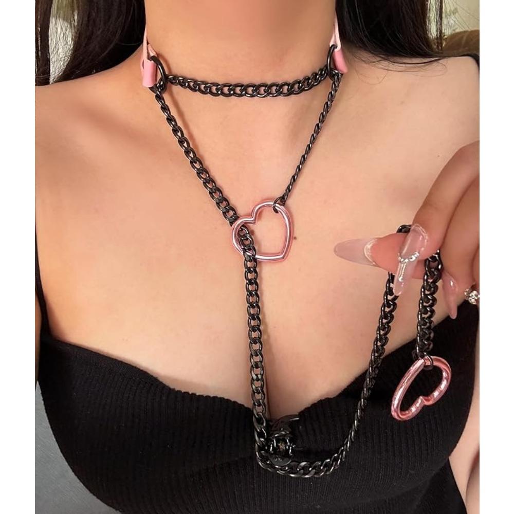 Europäische und amerikanische Persönlichkeit PU-Leder Liebeskreis O Kragen Halskette Punk Kette Herzschloss Anhänger Nackenband Schlüsselbeinkette