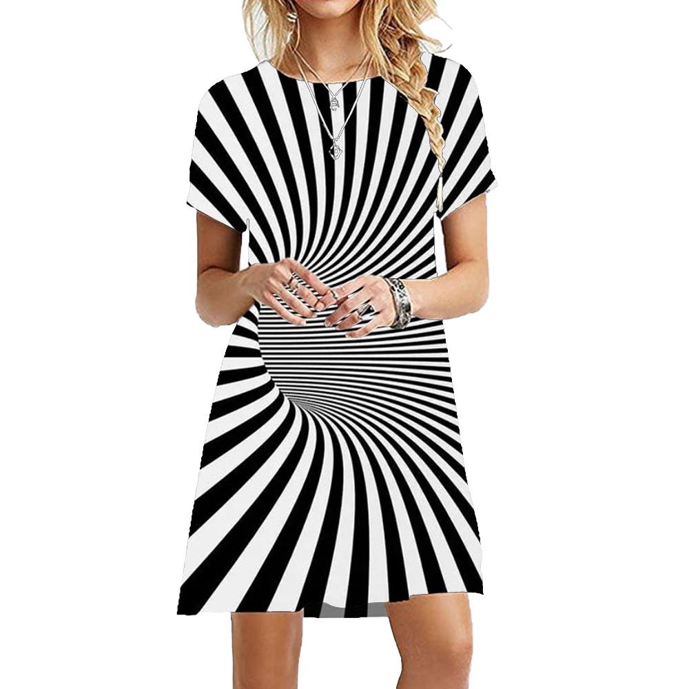 Women Fashion Optical Illusion Dresses Summer Short Sleeve Black White Striped Classic Dress Casual Pattern 3D Print Dress