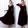 Women Evening Dress Golden Velvet V Neck Pleated A-line Pure Color Long Sleeves Full