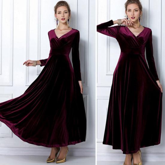 Women Evening Dress Golden Velvet V Neck Pleated A-line Pure Color Long Sleeves Full