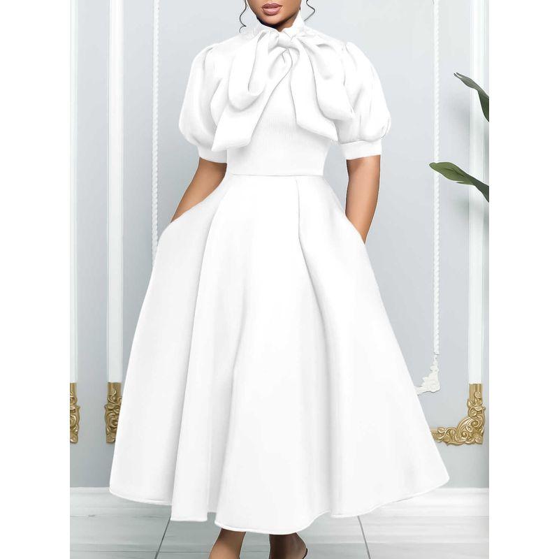 Temperament Long Dress Short sleeve Lace-up Bow Puffy Banquet Formal Dress European and American Dress